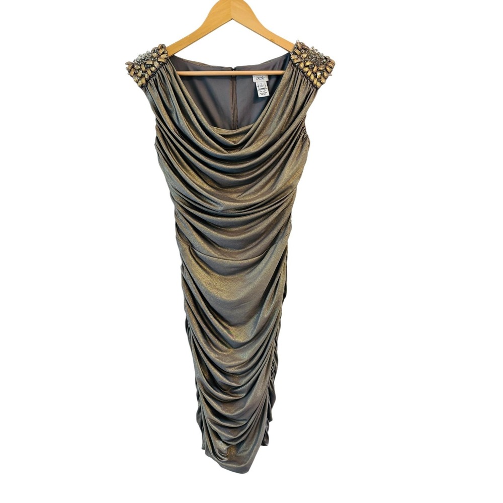 Vintage Cache‎ Bodycon Beaded Dress Womens Size S Ruched Bronze Metallic Holiday